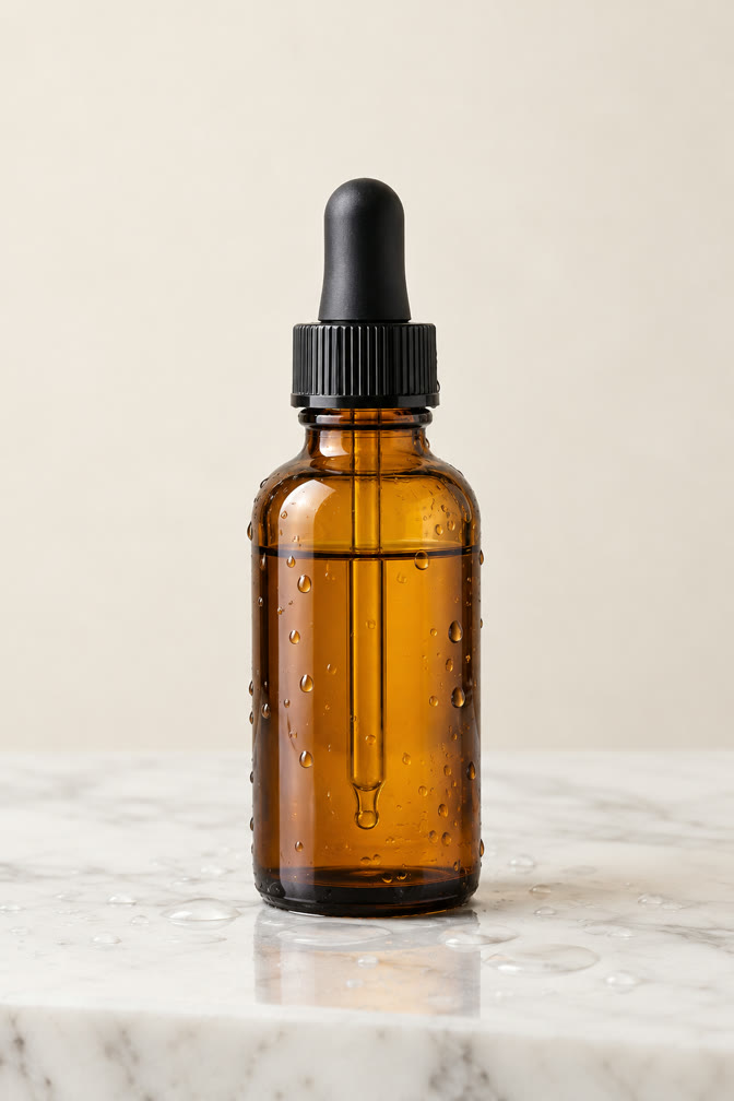Source photo: an amber glass dropper bottle on wet marble