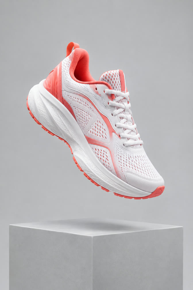 Source photo: a white-and-coral running shoe floating above a grey pedestal
