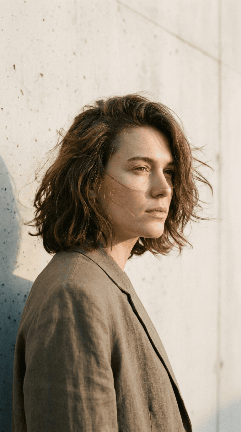 Vertical close-up character portrait, windblown hair, slow blink, warm side light, quiet story-scene energy.
