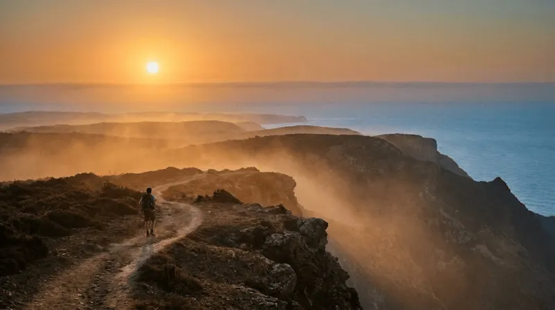 Golden-hour coastal cliff walk