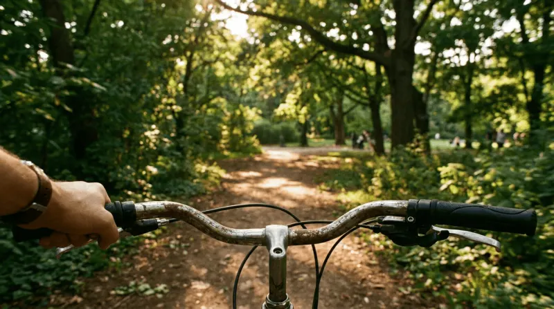 Bike POV through leafy park