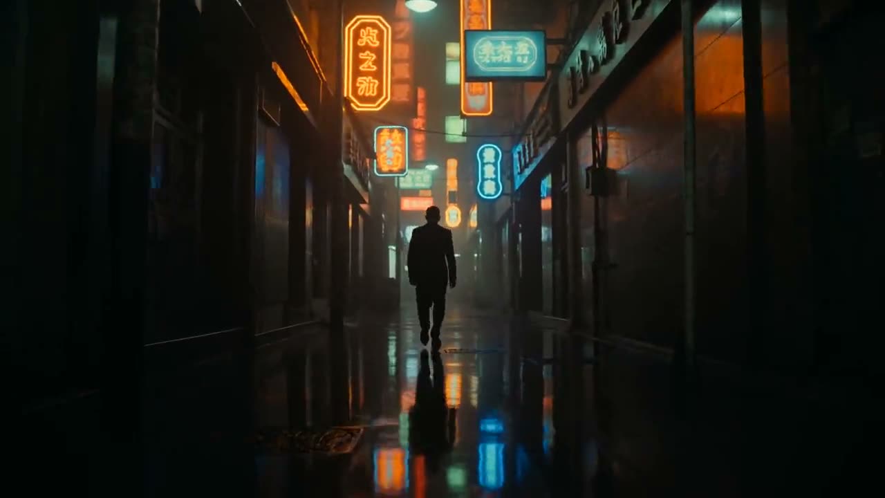 Neon alley tracking shot, rain