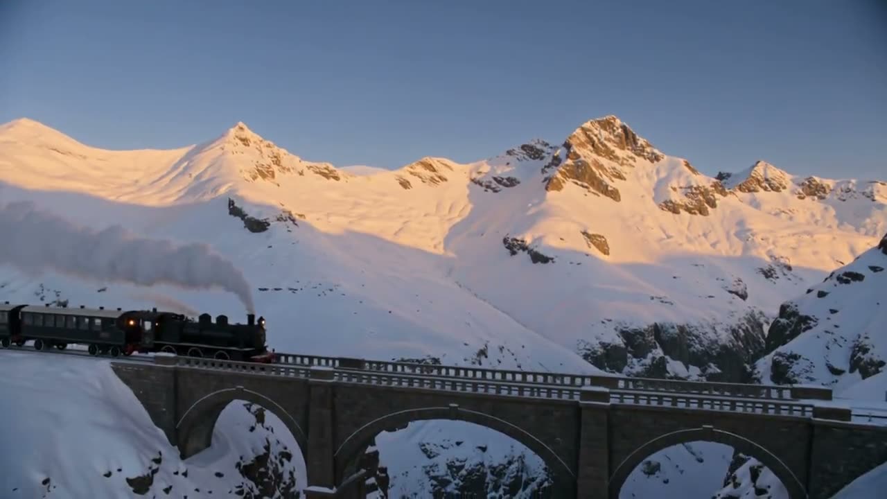 Alpine train at dusk, drone arc