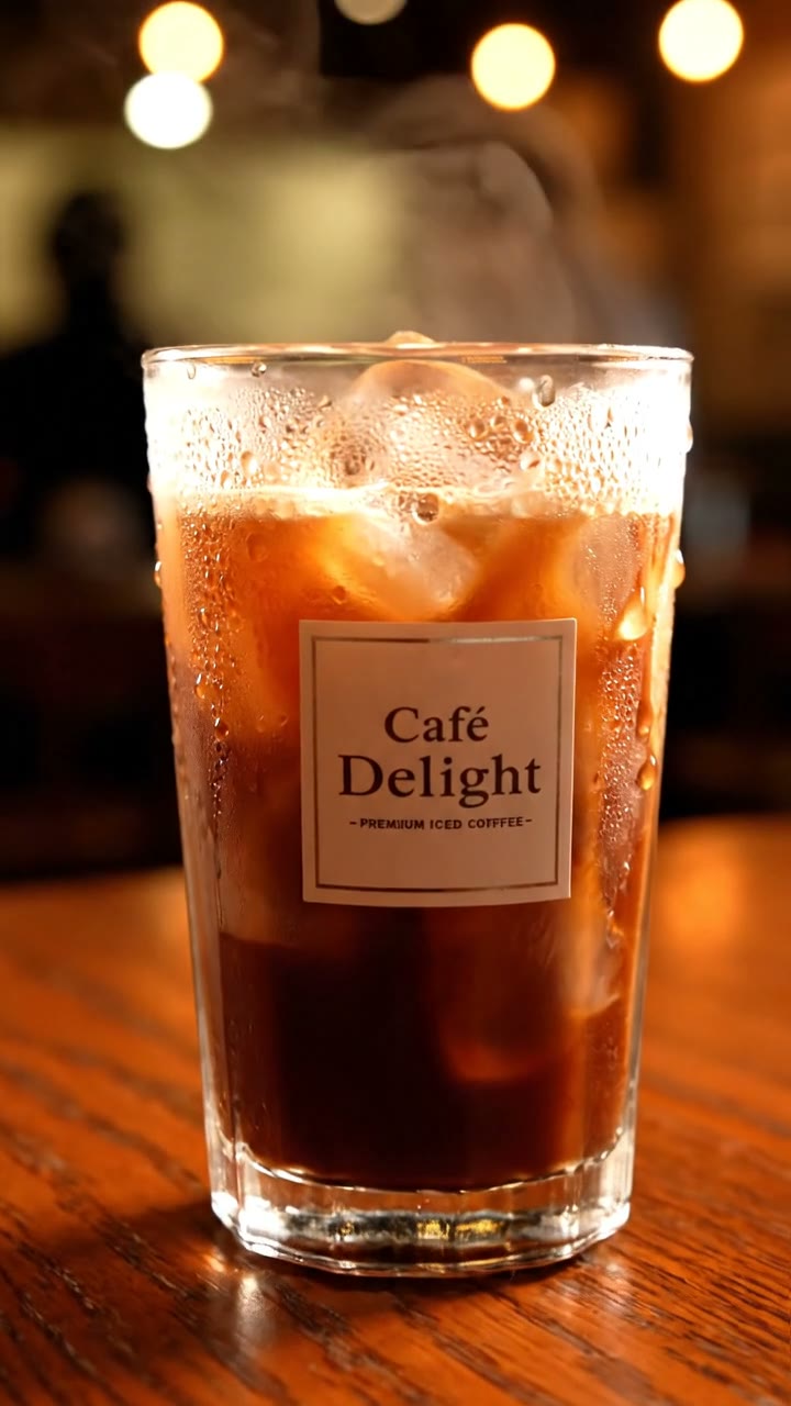 Slow push-in on a frosted drink, condensation and steam, handheld creator clip feel.