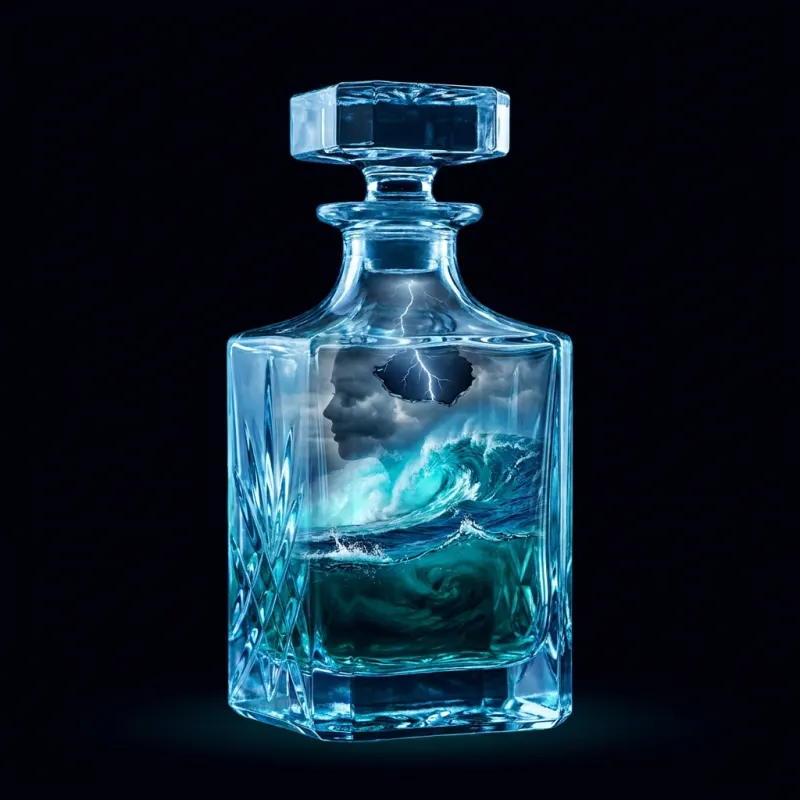 Perfume bottle holding an ocean