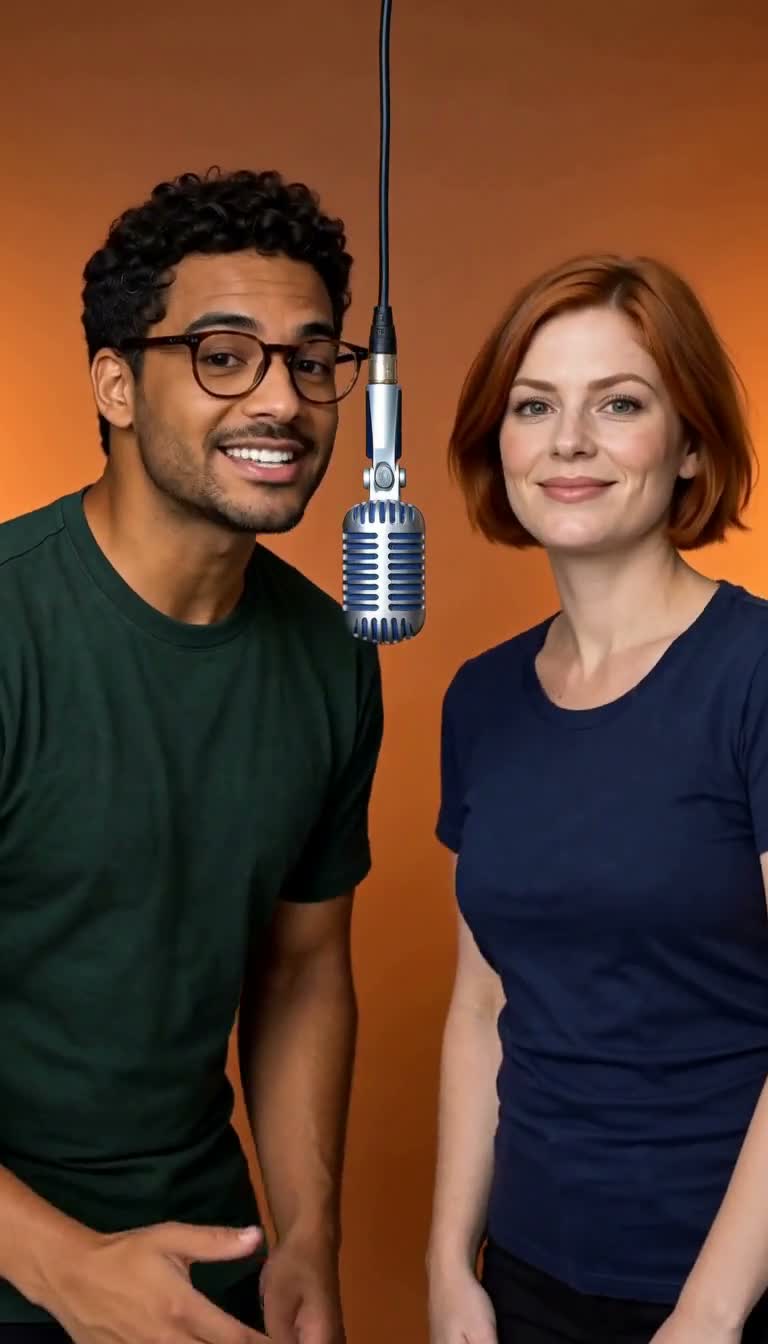 Two fictional adult friends take turns rapping in an orange studio, with an original beat and voices. Real Swayclip output; results vary.