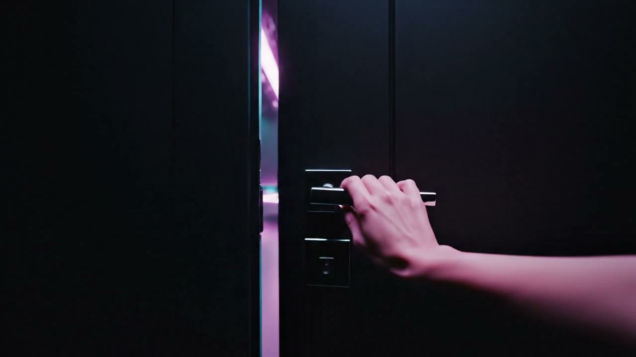 First-person camera pushes open a dark studio door into a neon product world, then reaches toward a floating pedestal, quick hook pacing.